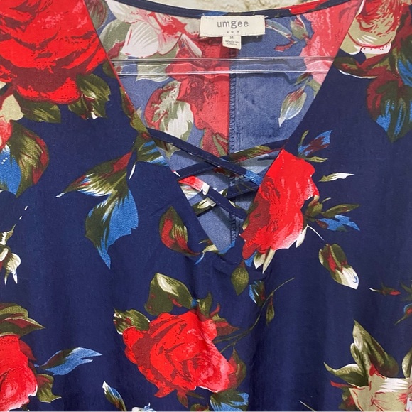 Umgee Blue Red Rose Floral Print Layered Sleeve Mini Dress - Picture 4 of 7